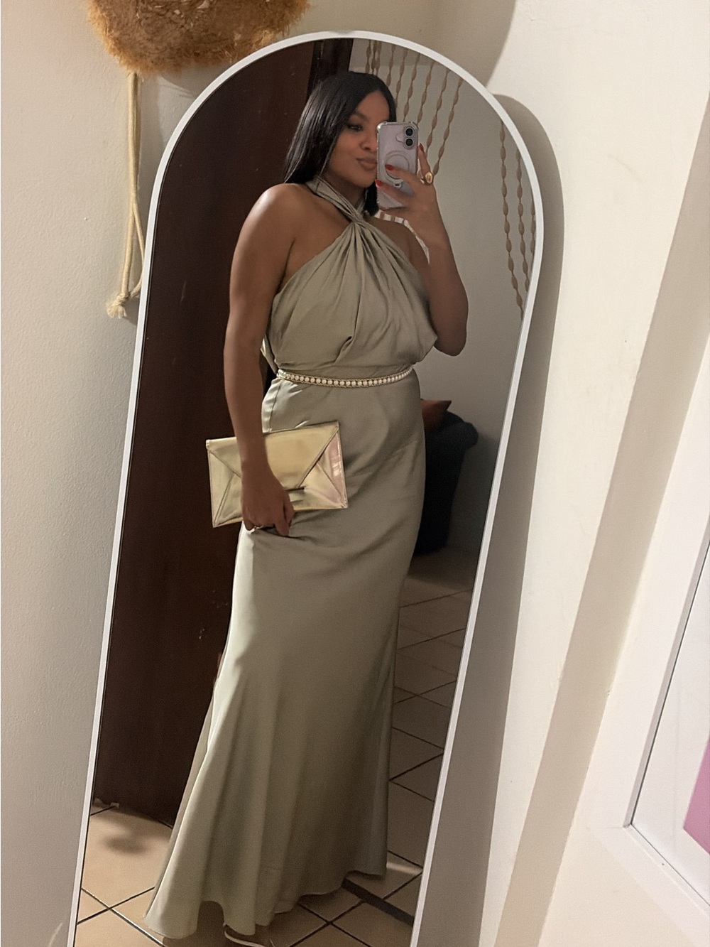 Sage Halter Neck Evening Gown with Pearl Waist